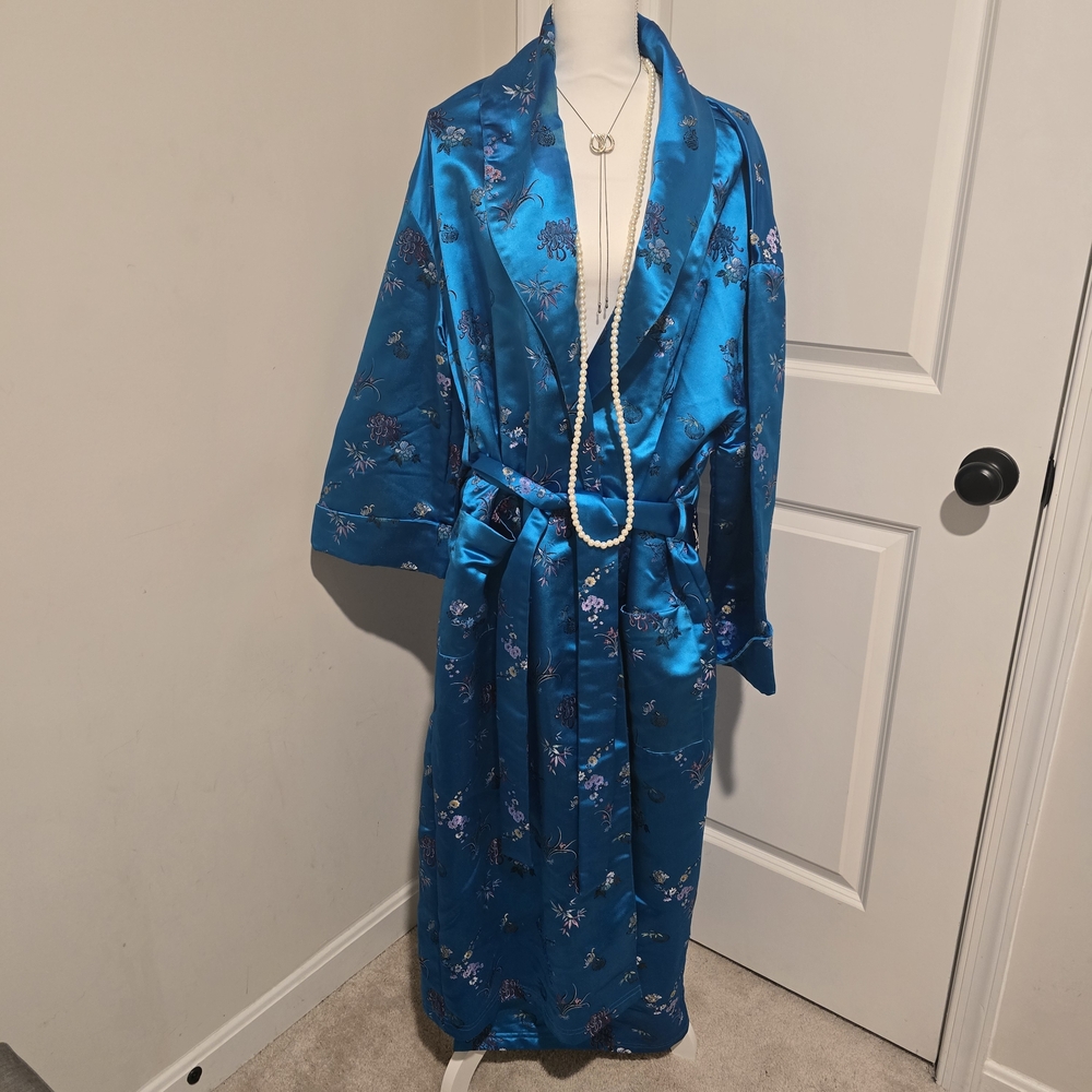 Victoria's Secret Satin Floral Robe in Teal Blue